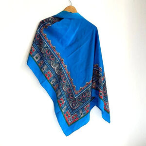 Vintage Blue Paisley Print  Hand Rolled Edge LArge Silk Scarf